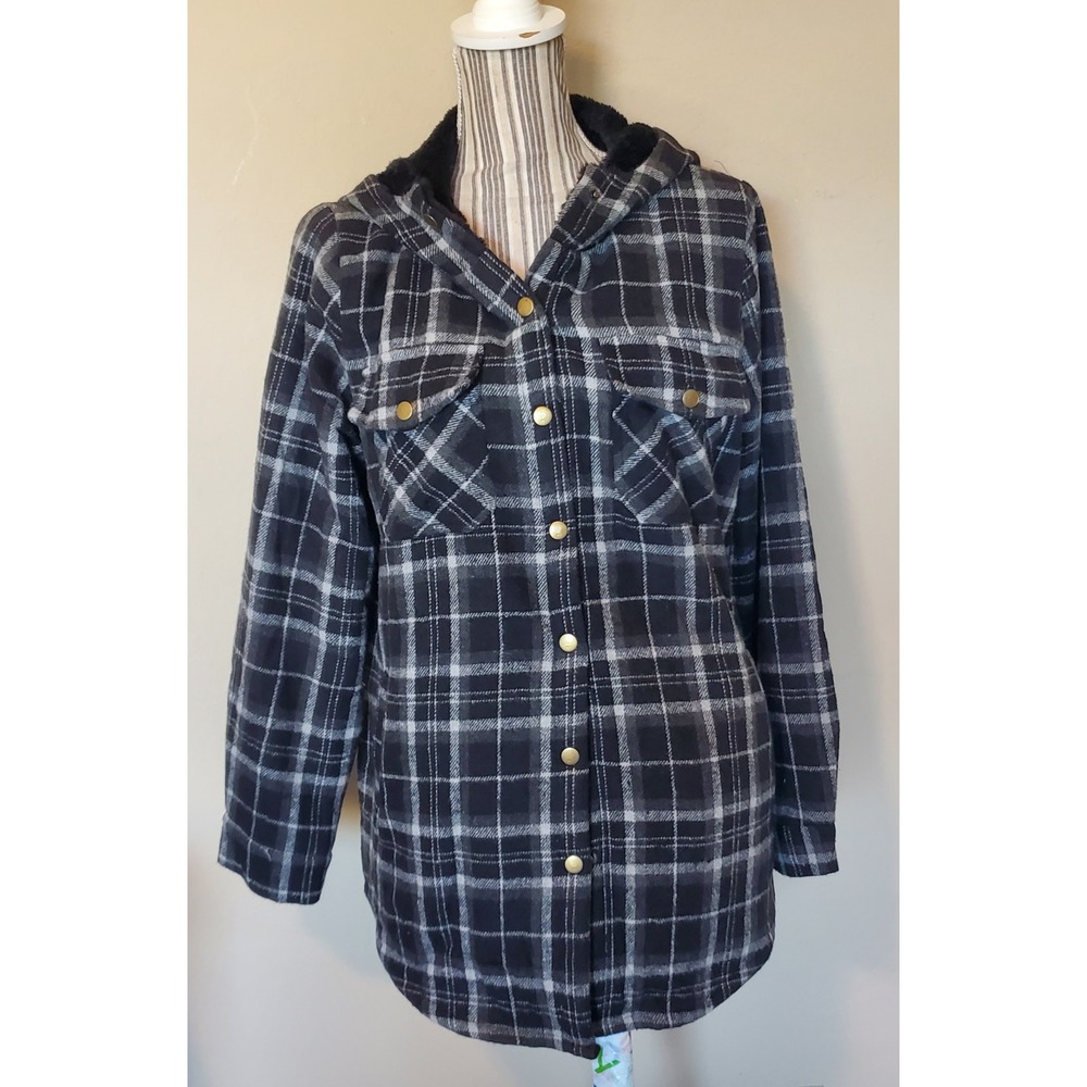 Zeagoo Womens Plaid Hooded Shacket Faux Fur Lined Flannel Jacket Black White L